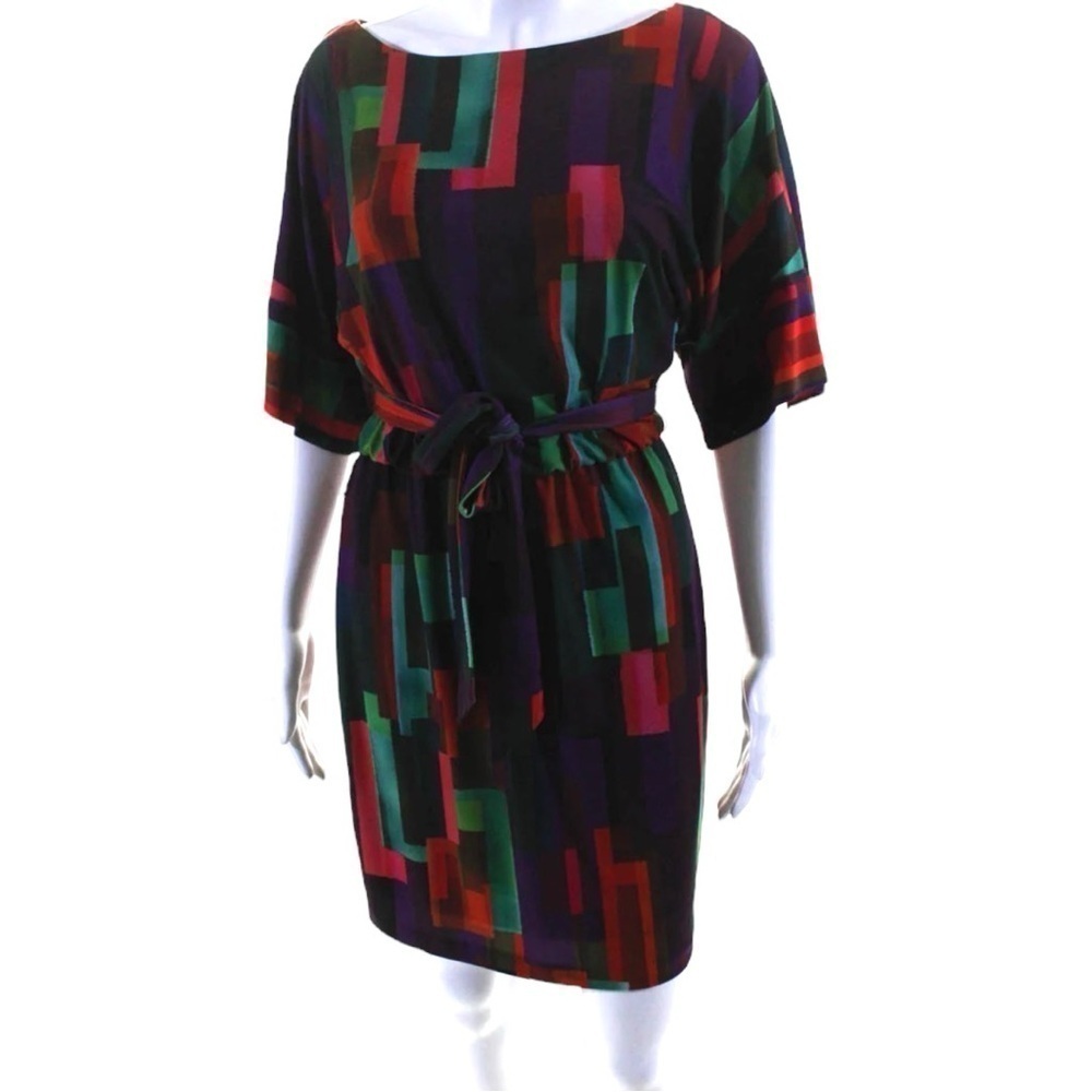 Trina Turk Designer Abstract Geometric Print Blouson Dress in Multi Jewel Tones